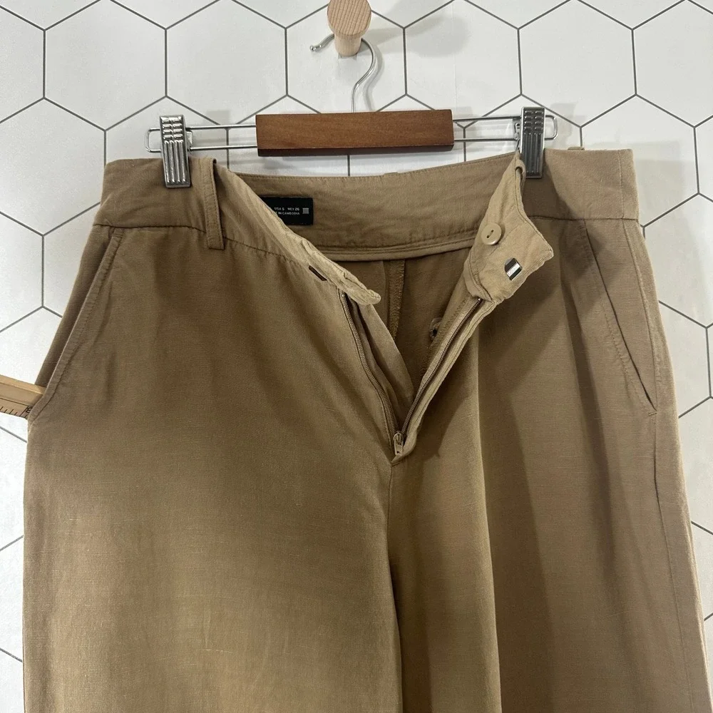 Zara Womens Small‎ Olive Brown Linen Blend High Rise Wide Leg Relaxed Pants
